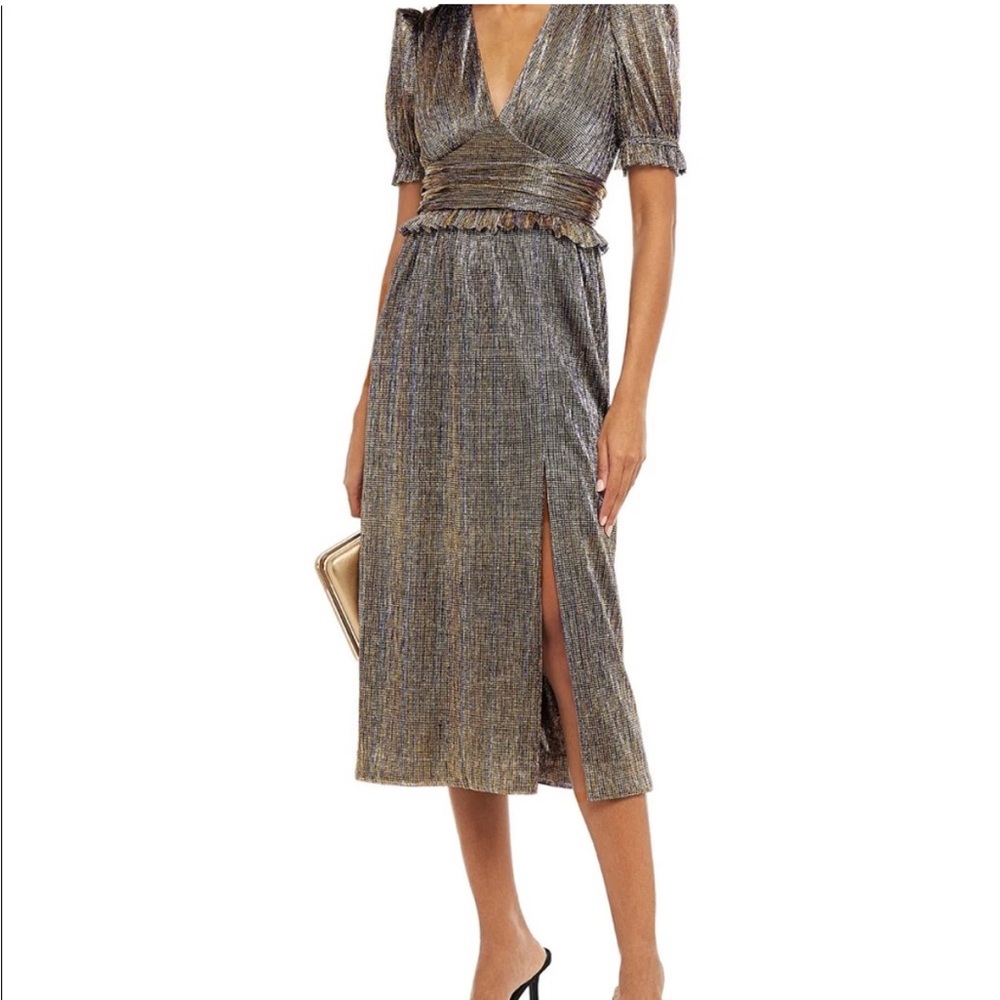 NWT Rebecca Vallance Luna ruffle-trimmed plissé lamé midi dress